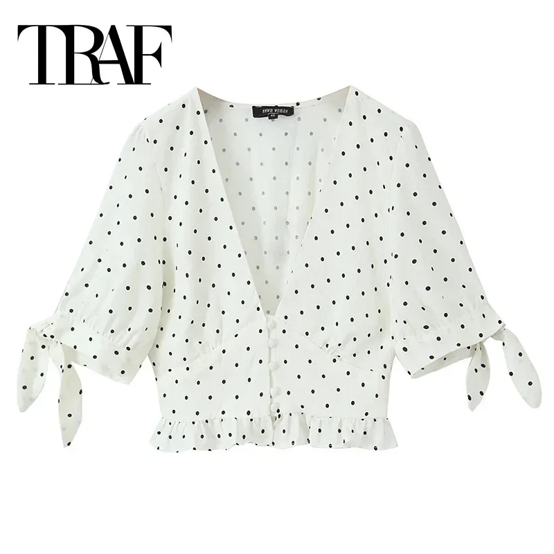 TRAF 2024 Women Summer Short Top Crop Polka Dot Tops V-Neck Ties Short Sleeve Blouse With Ruffles Woman Fashion Youthful Blouses