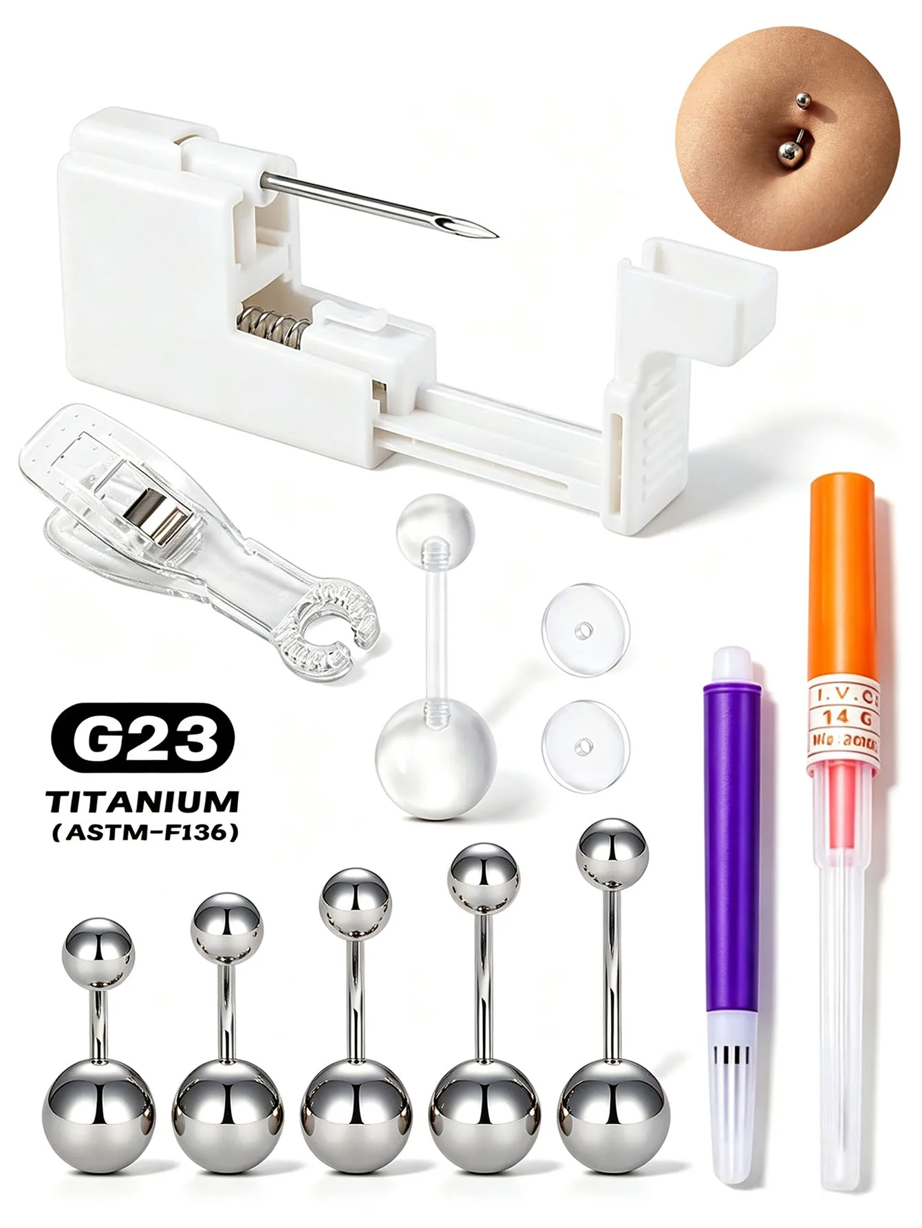 4PCS/8PCS Professional Navel Piercing Kit-13G Piercing Gun With Titanium Internally Threaded Belly Button Rings Petite Navel Rin