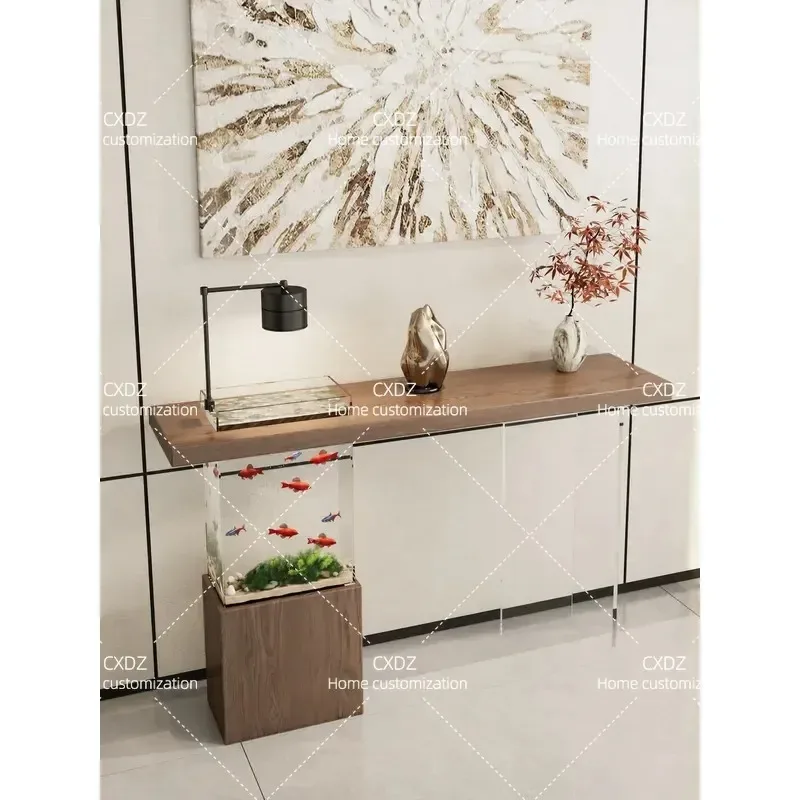 Modern Solid Wood Entryway Console Table with Fish Tank Landscaping Strip Design Advanced Sense Entrance Cabinet for Home