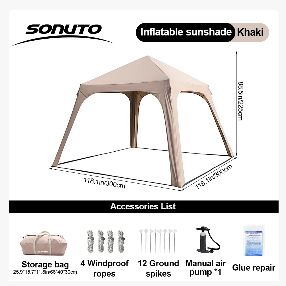 Sonuto Opblaasbare Kampeertent met Luifel, 4-6 Persoons 4-Seizoenen Lucht Tent, PU3000mm Waterdichte Glamping Tent, Direct Opzetbare Cabin