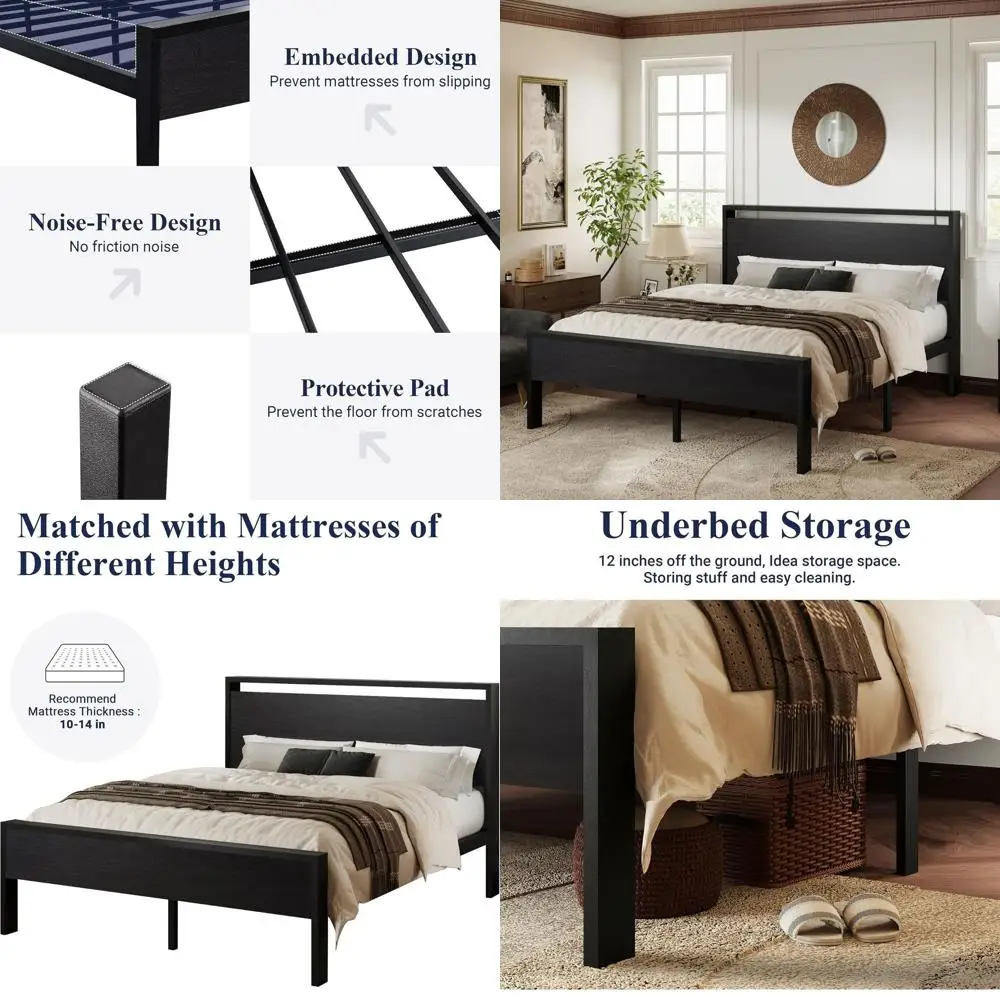 

Кровать размера Queen с платформой и деревянными ламелями, прочные металлические ламели, без пружинного блока, место для хранения под кроватью, бесшумная, простая сборка