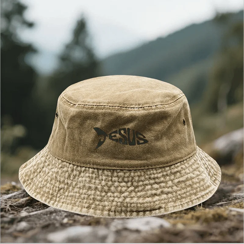 White Jesus Pattern Christian Fish Symbol Bucket Hat, Adjustable Bucket Hat, Multiple Colors Available, Suitable for Outdoor Spo