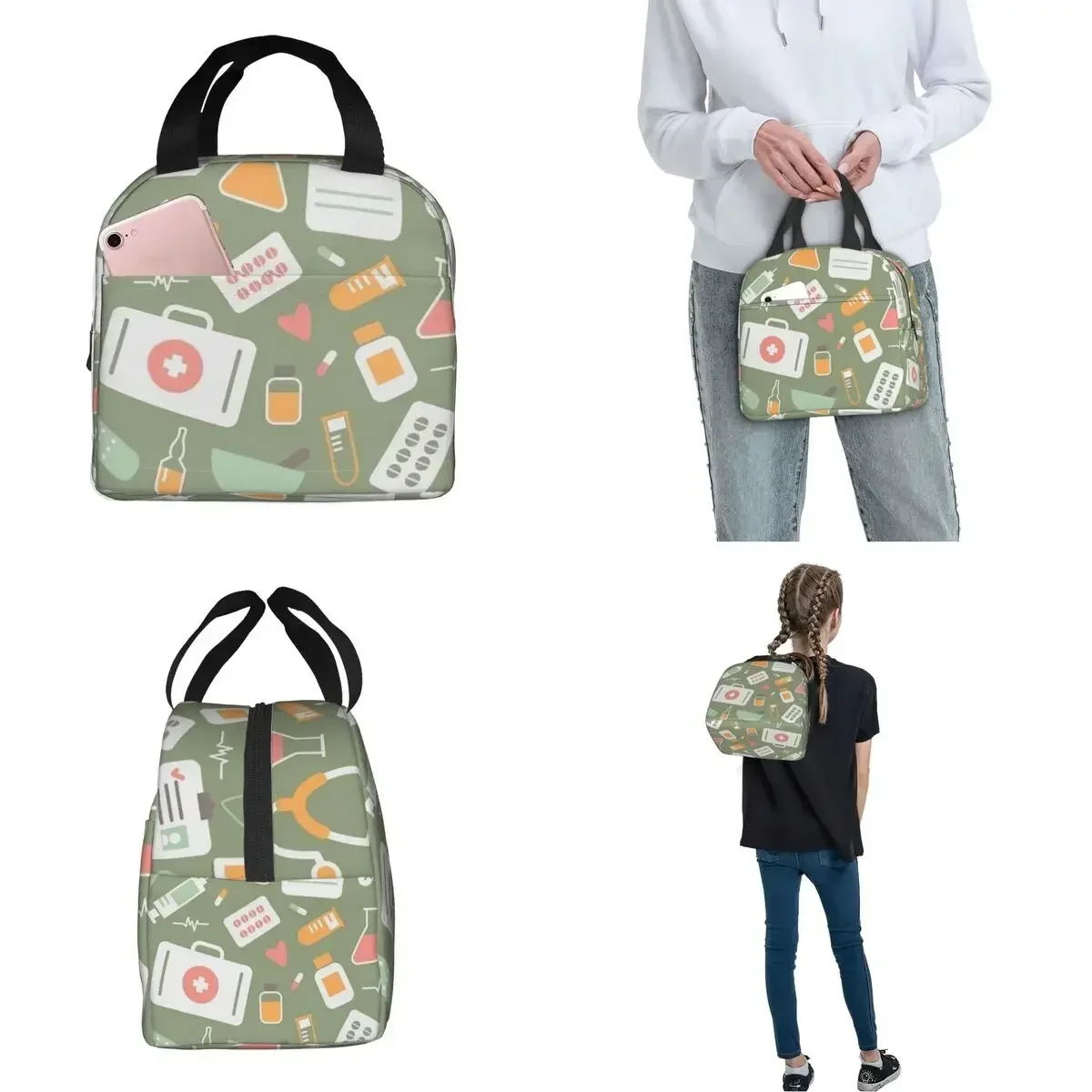 Nurse Healthcare Nursing Pattern Insulated Lunch Bags Large Reusable Cooler Bag Tote Lunch Box Beach Outdoor Men Women