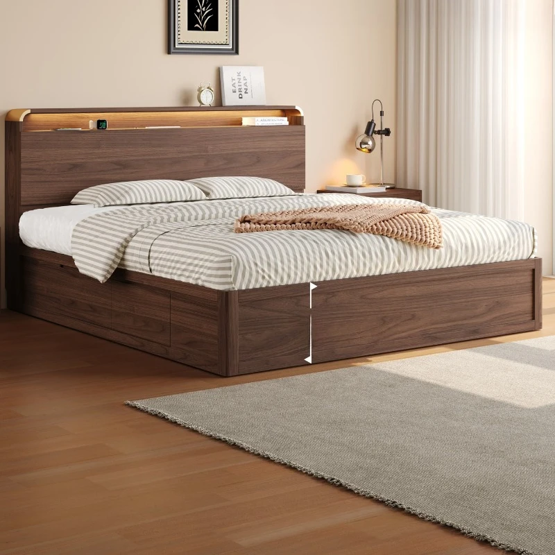 

Solid wood storage high box bed medium antique black walnut color double bedroom small apartment large capacity