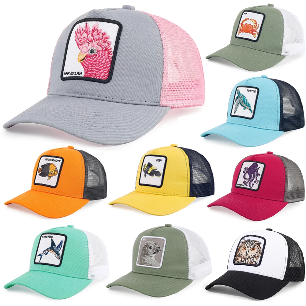 Spring Fashion Hip Hop Caps Cartoon Animal Embroidered Baseball Caps Male Snapback Mesh Hats for Men Female Outdoor Mesh Sun Hat