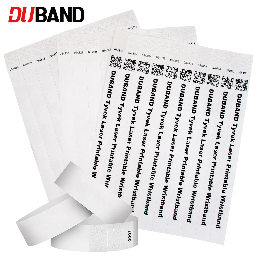 

Duband Tyvek adhesive bracelet direct laser printed with black logos, comfortable to wear, event printed wristbands