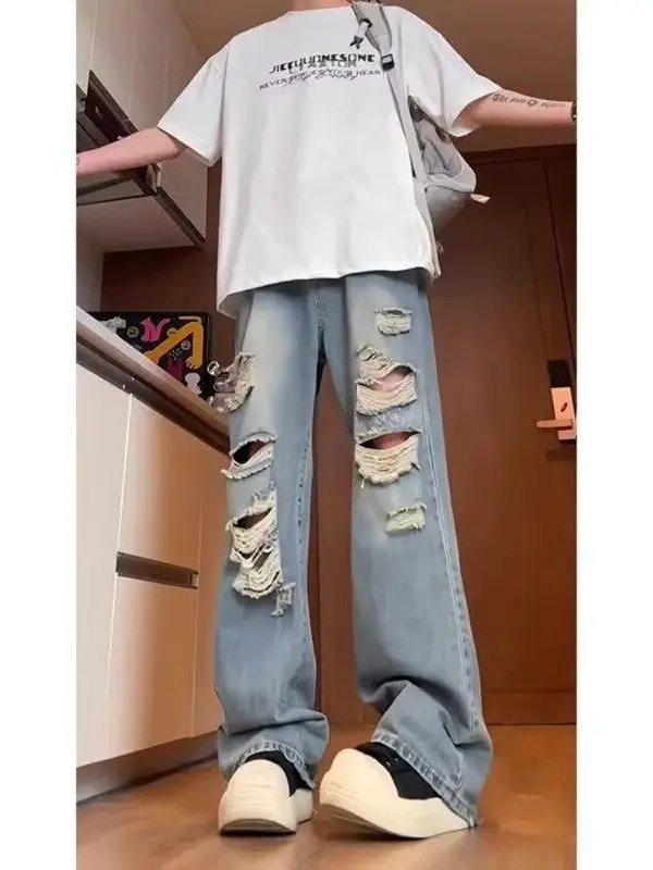 

Hong Kong Sle Men's Summer New Hole Denim Jeans High Street Retro Trendy Loose Casual Long Pants Low Waist Long Leggings