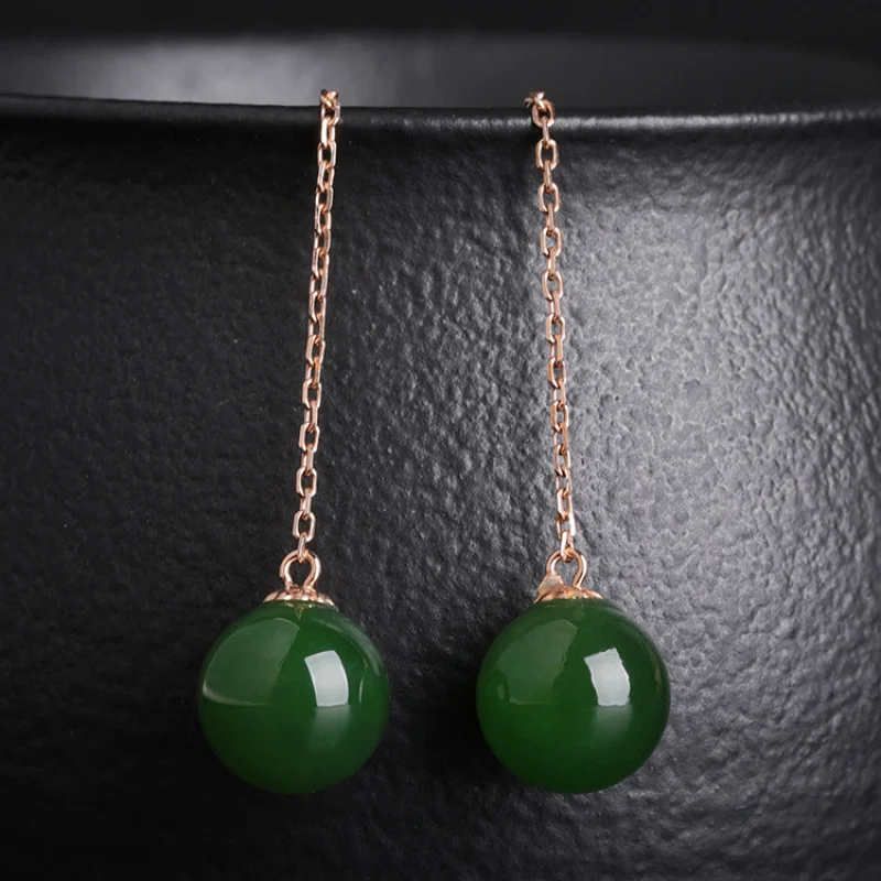 Ancient Style 18K Gold Natural Hetian Ear Thread with Certificate Round Bead Jade Earrings fo