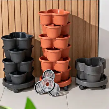 Vertical Tower Stackable FlowerPot Plastic with Movable Casters Flower Pot Multi-layer…