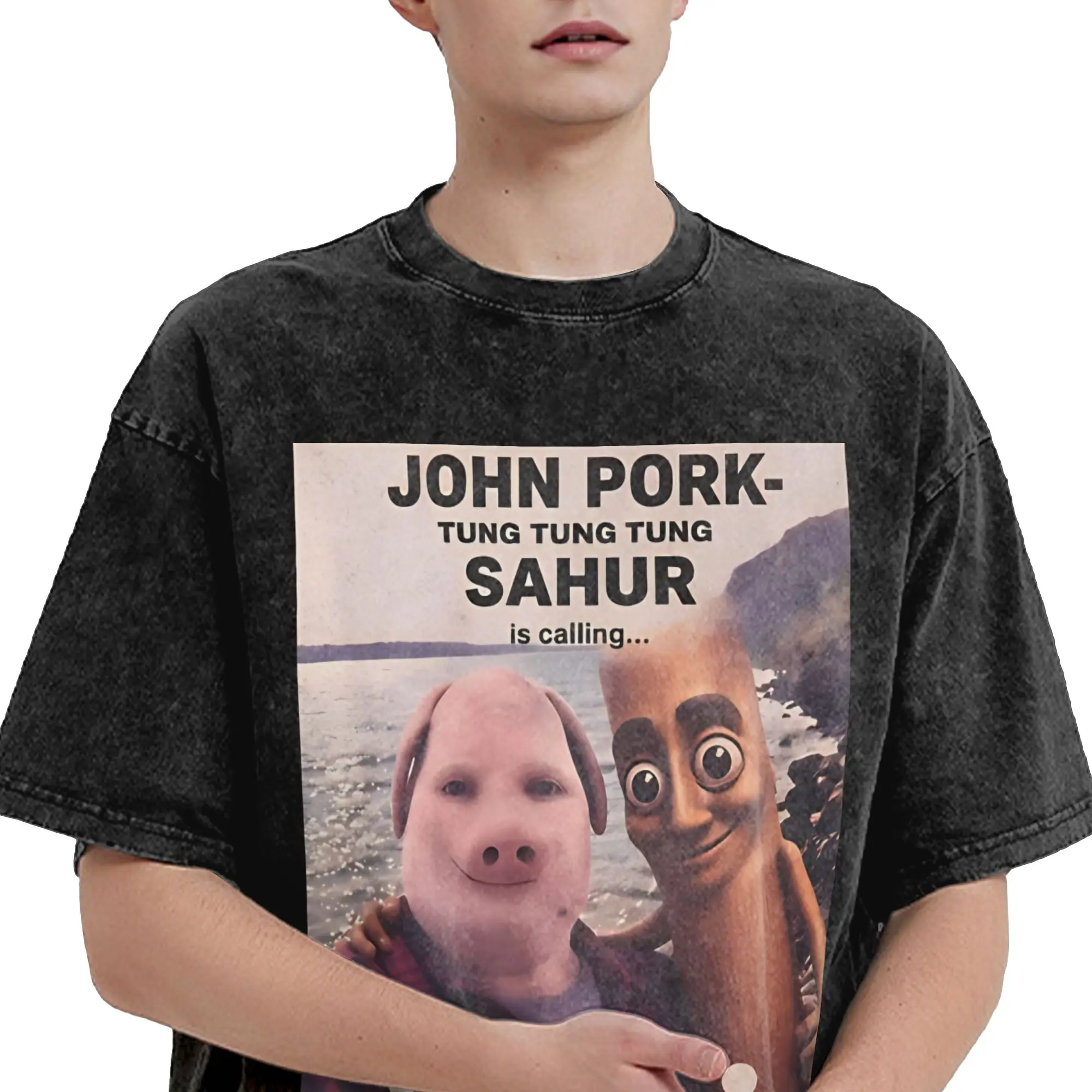 Graphic Printed John Pork Tung Sahur Calling Brainrot Meme  Washed Shirt Apparel Harajuku T-Shirts  Men Women Tees