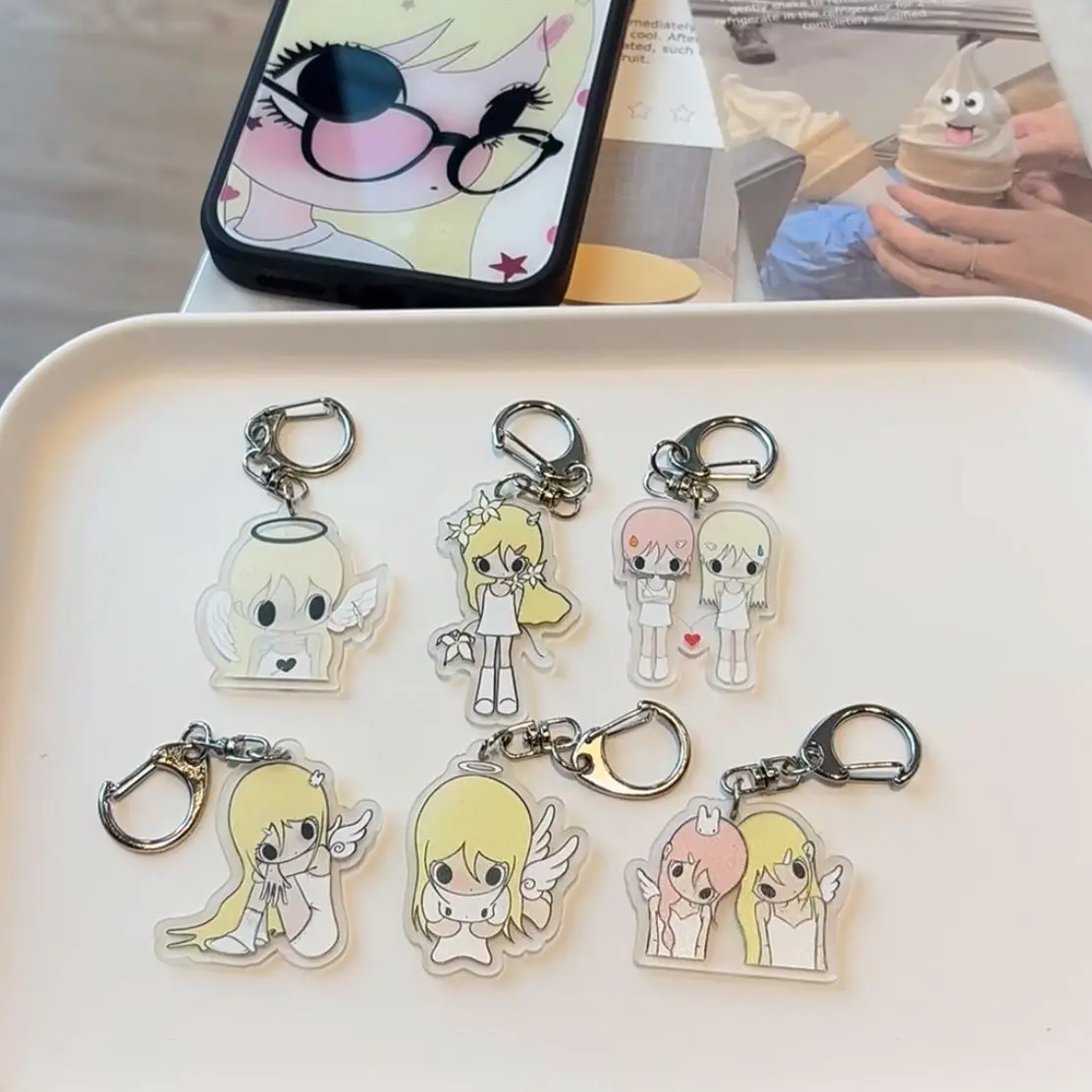 INS Japanese Angel Girl Acrylic Keychain for Women Girls Cute Cartoon Character Wings Halo Bag Charms Pandent Key Chains Jewelry