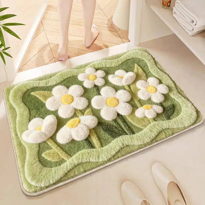 Bathroom floor mat absorbent toilet door foot cushion thickened imitation velvet flower carpet