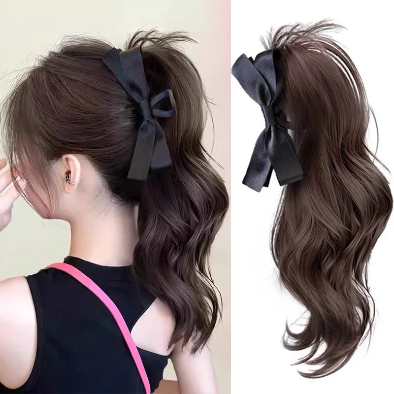 Bow curled upturned gripping clip high tie ponytail wig women's synthetic wig with increased volume suitable for daily gathering