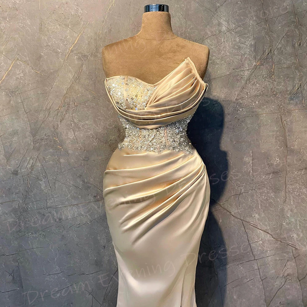 Pretty Modern Women's Mermaid Charming Evening Dresses Classic Strapless Beaded Prom Gowns Split Pleated Robe De Soiree Femmes