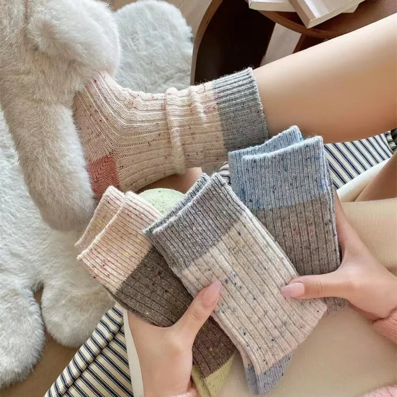 1/3/4 Pairs Women Thermal Socks Winter Warm Point Yarn Mid-Crew Slouchy Color Block Thick Socks EU 35-40