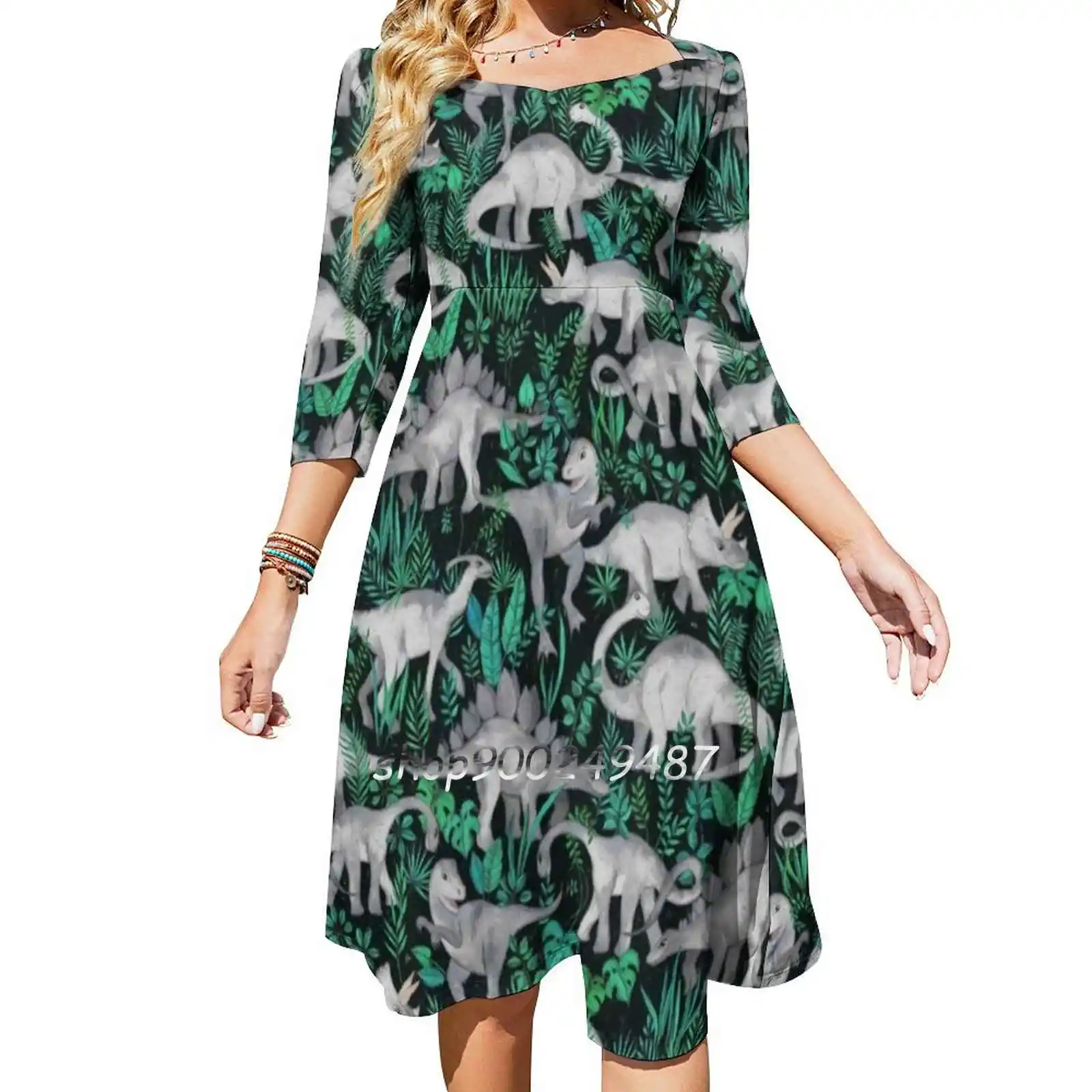 

Dinosaur Jungle Flare Dress Square Neck Dress Elegant Female Fashion Printed Dress Dinos Dino Dinosaurs Dinosaur Pattern Jungle