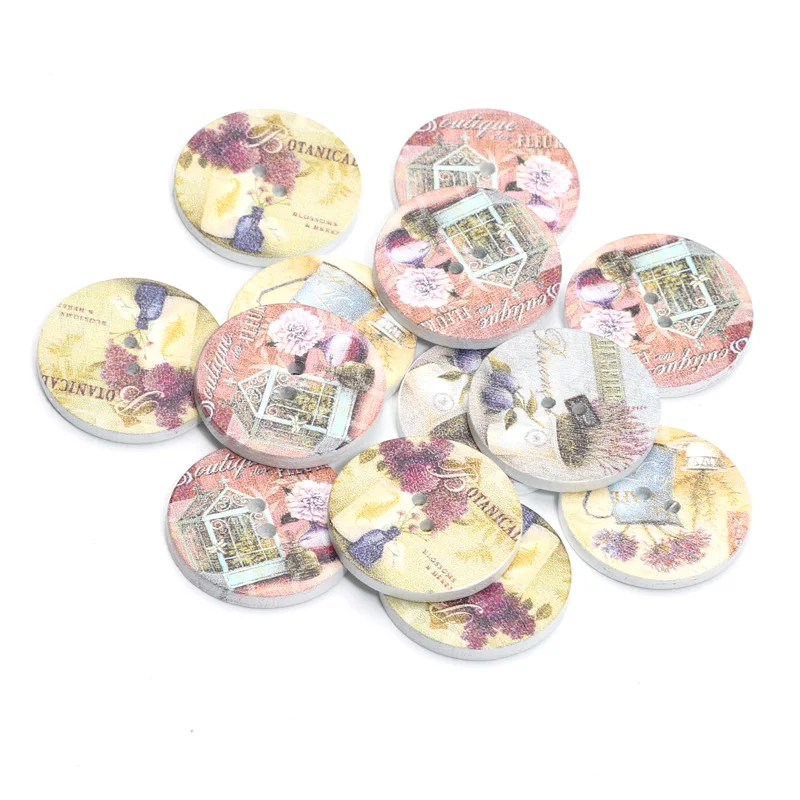 20pcs 20/25mm Oil Painting Pattern Wooden Buttons For Clothes Decorative Crafts Supplies Diy Needlework Sewing Accessories