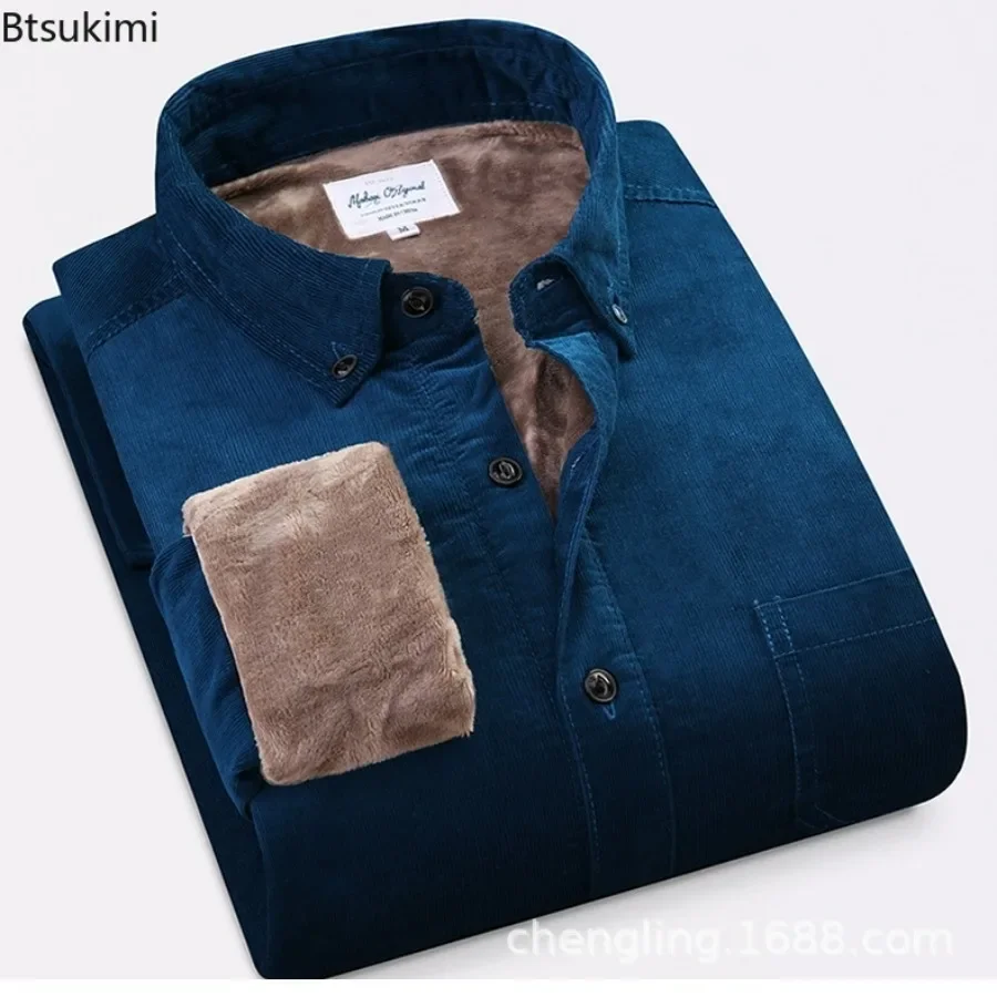 2024Men's Autumn Winter Warm Casual Shirt Jacket Luxury Men Corduroy Solid Coats Shirts Thick Fleece Lining Casual Shirt for Men