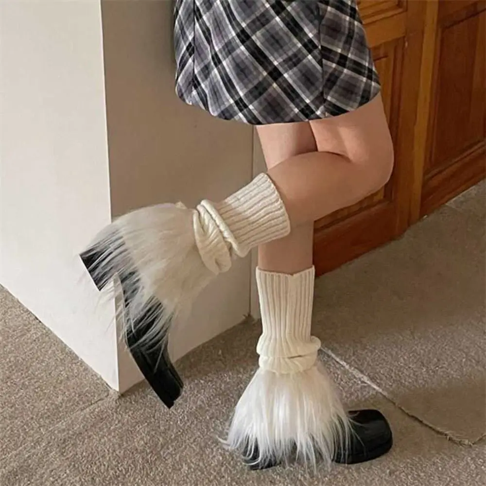

Fashion Lolita Plush Leg Warmers Patchwork Pile Up Socks Leg Cover Y2K Solid Color Hosiery Knitted Foot Cover Female