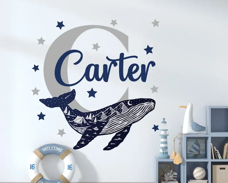 Personalized name wall decal, whale decal, kids room decor, boy name decal, watercolor whale sticker, boy room decor, space prin