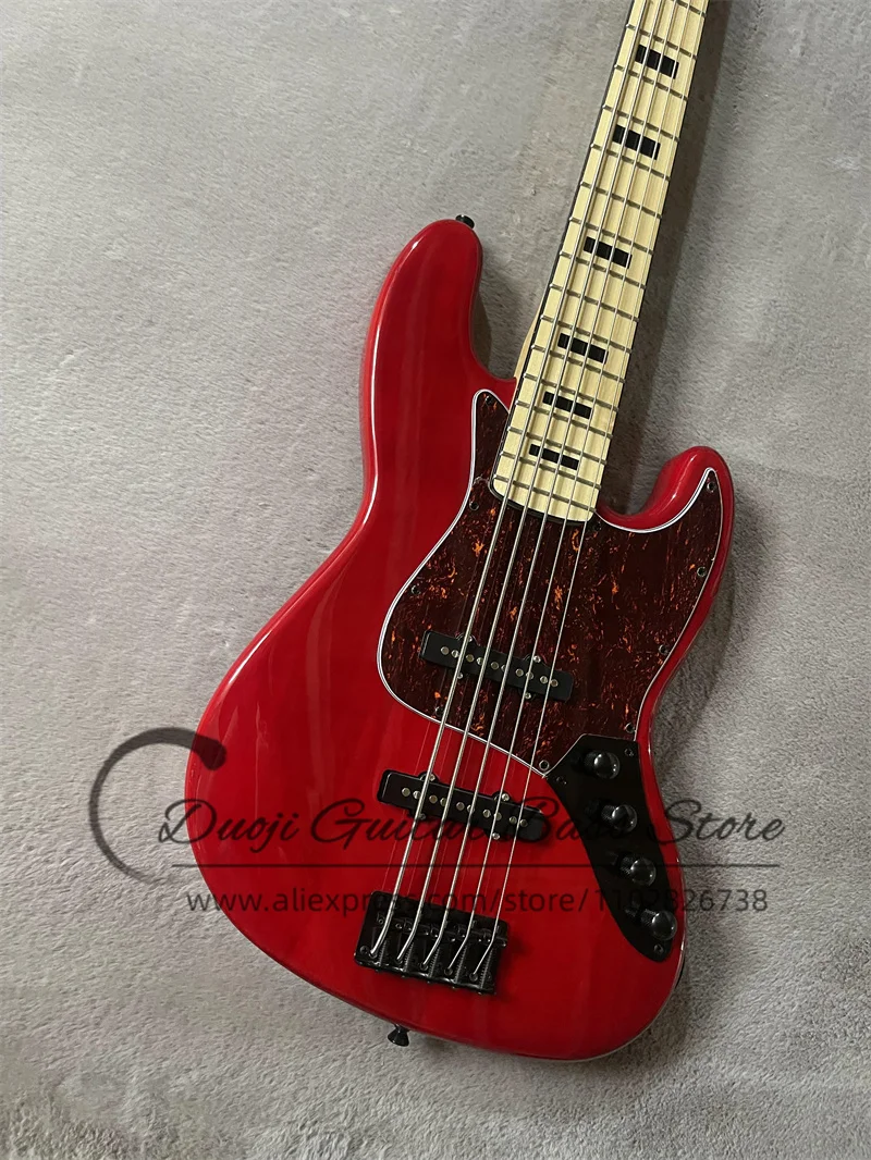 5 Strings Red Electric Bass Solid Body  Maple Fingerboard Active Battery Red Tortoise Shell Guard Factory Custom