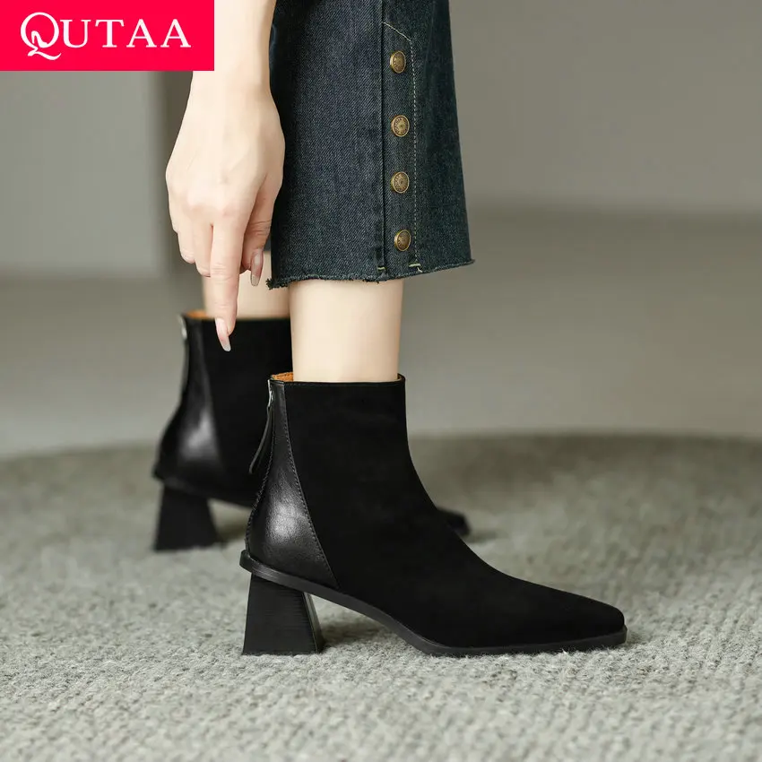 

QUTAA 2024 Office Lady Short Boots For Women Autumn Winter Genuine Leather High Heels Back Zipper Working Shoes Woman Size 34-40