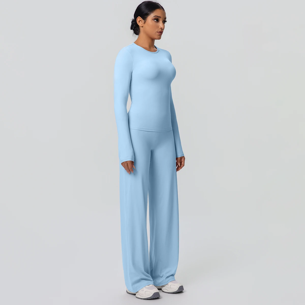 2 stück Frauen Gym Yoga Set Lauf Shirts Schlank Lange Ärmel Workout Top Schnell Trocknend Hohe Stretch Breite Bein Hosen dünne Yoga Set – Detail 30