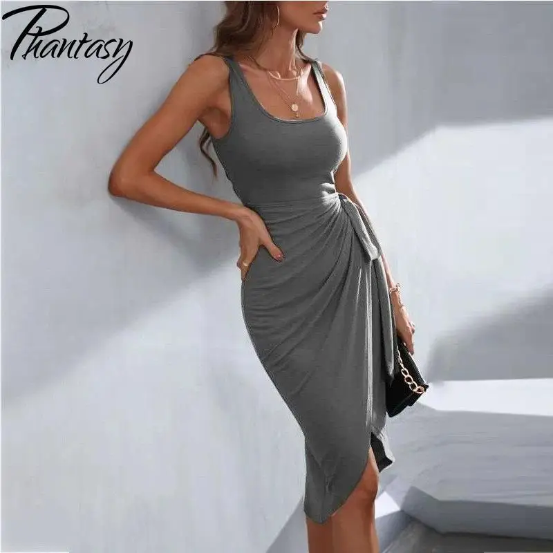 Summer Solid Sundress for Women Grey Robe Party Wedding Dress Slim Outfit Elegant Gown Fashion Streetwear Female Clothing