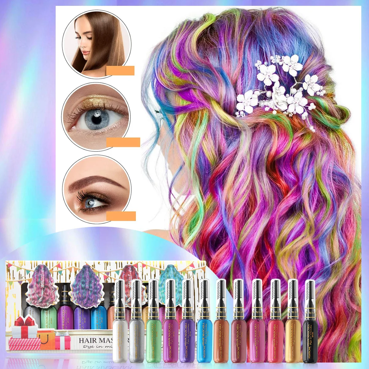 12 Colors/set Disposable DIY Colored Hair Dye and Tinted Colored Mascara Beauty Tool Washable Non-toxic Temporary Dual Purpose