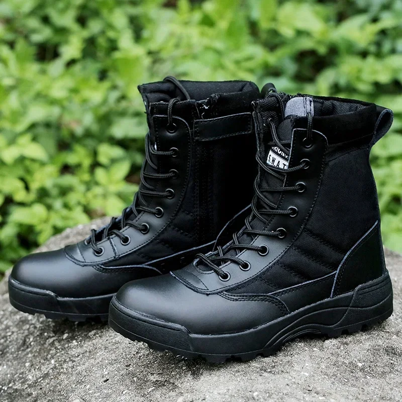 Botas táticas masculinas de malha de couro respirável alta superior casual sapatos de trabalho no deserto masculino swat tornozelo bota de combate