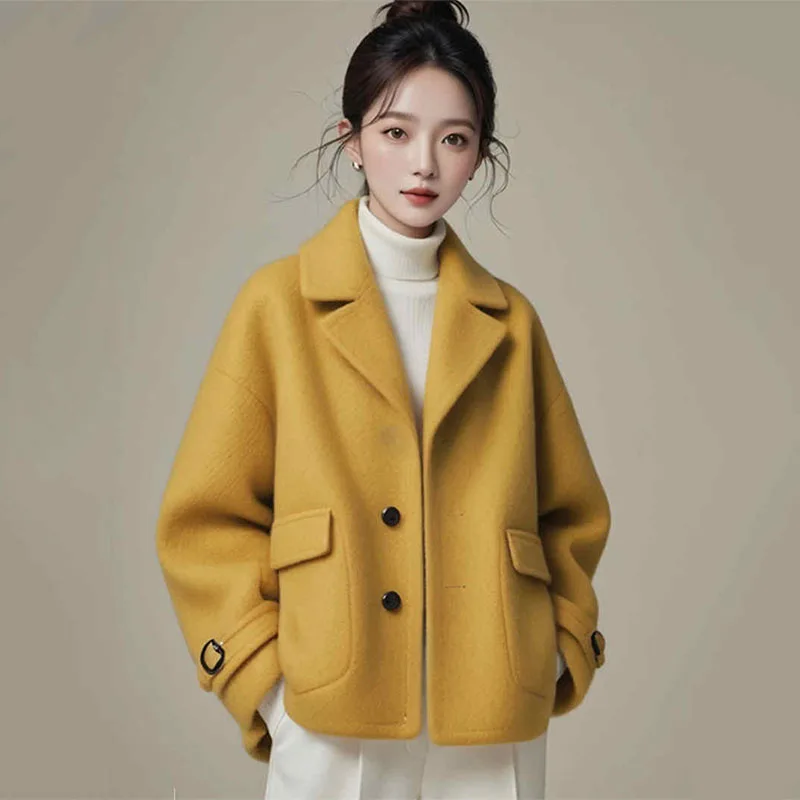 

2025 New Spring Autumn Winter Woole Coat Beautiful Yellow Pink Woolen Blended Coat Women Small Fragrant Style Short Coat Top