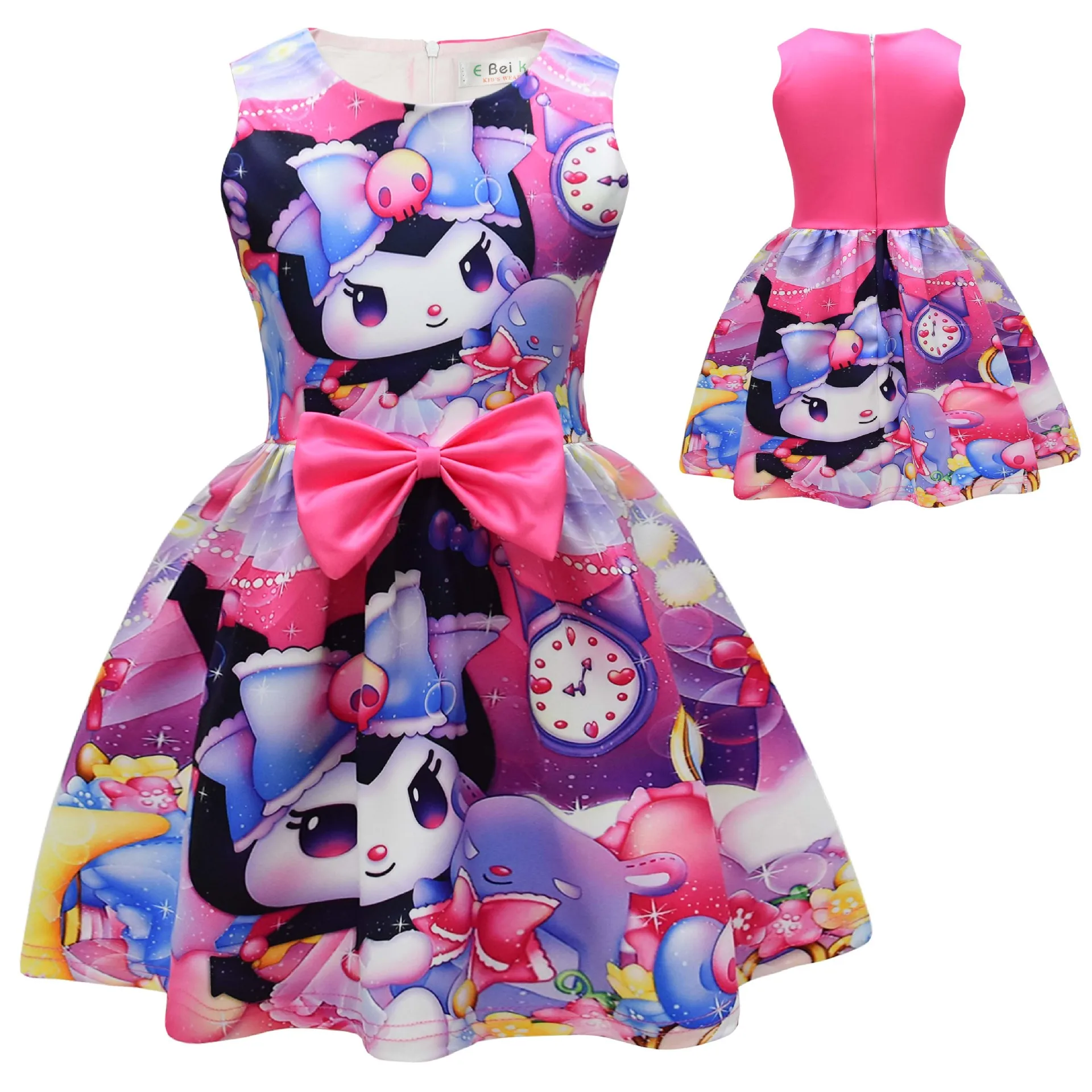 

Summer Girls Costume Kuromi Cosplay Dresses Cartoon Print Kawaii Bowknot Kids Casual Party Outfit Princess Lolita Tank Dress