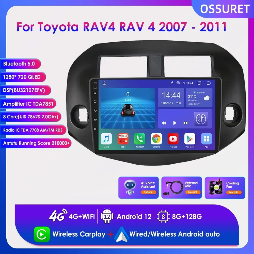 

10.1" Carplay Car Radio for Toyota RAV4 RAV 4 2007-2011 Android 12 Car Intelligent Systems Multimedia GPS Navi RDS Bluetooth SWC