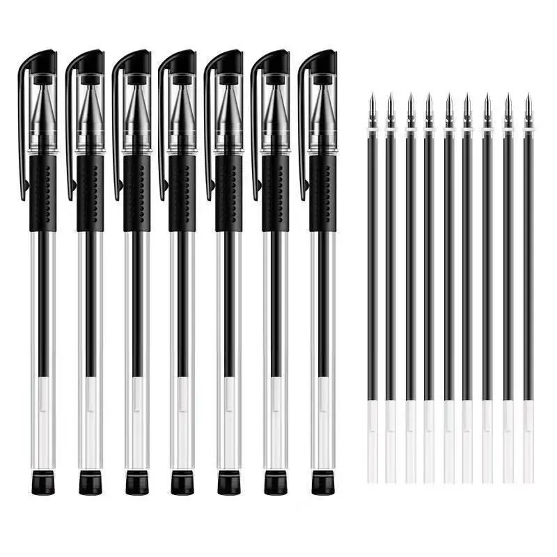 (1pcs+10pcs Refills) Set 0.5mm Gel Pen Bullet Head Student Exam Office Black Ink Pen Carbon Signature Pen Office Stationery