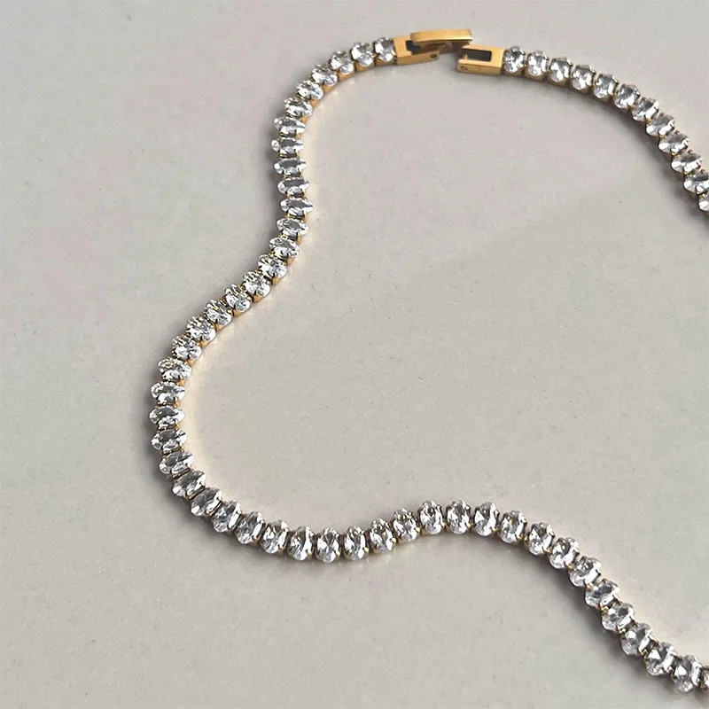 Oval cz stone tennis chain necklaces stainless steel necklaces for women minimalist dainty stainless steel non tarnish