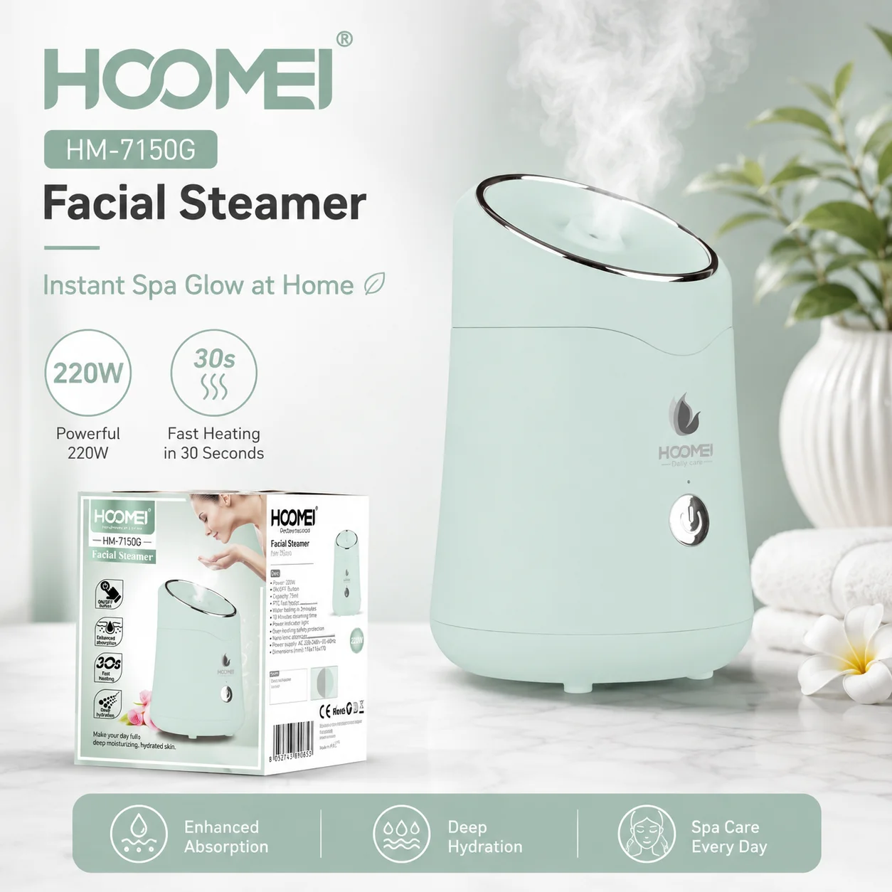 HOOMEI HM-7150G Nano Ionic Facial Steamer 220W, vaporisateur facial, hydratation profonde, chauffage rapide PTC, spa facial à domicile, 75 ml