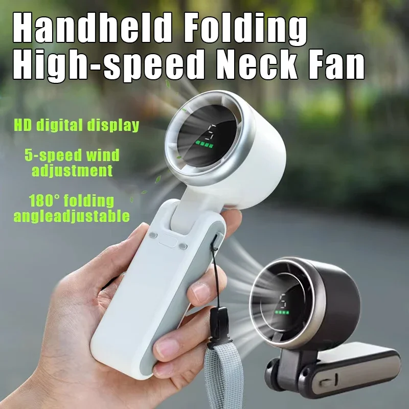 Motorcycle Hanging USB Charging Neck Outdoor 180 Foldable Handheld Fan, High Speed Turbine Power USB 1800Mah with Strap Amagi