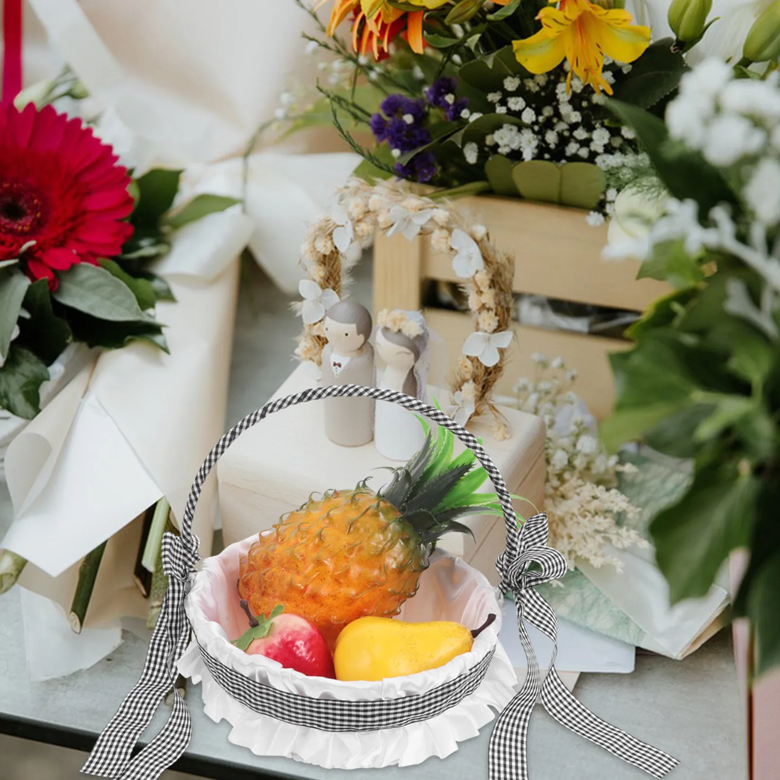 ヨーロピアンスタイルの花かご-ハンドル付き-エレガントな日本の格子縞デザイン-結婚式の花-屋外セレモニー装飾パーティー用