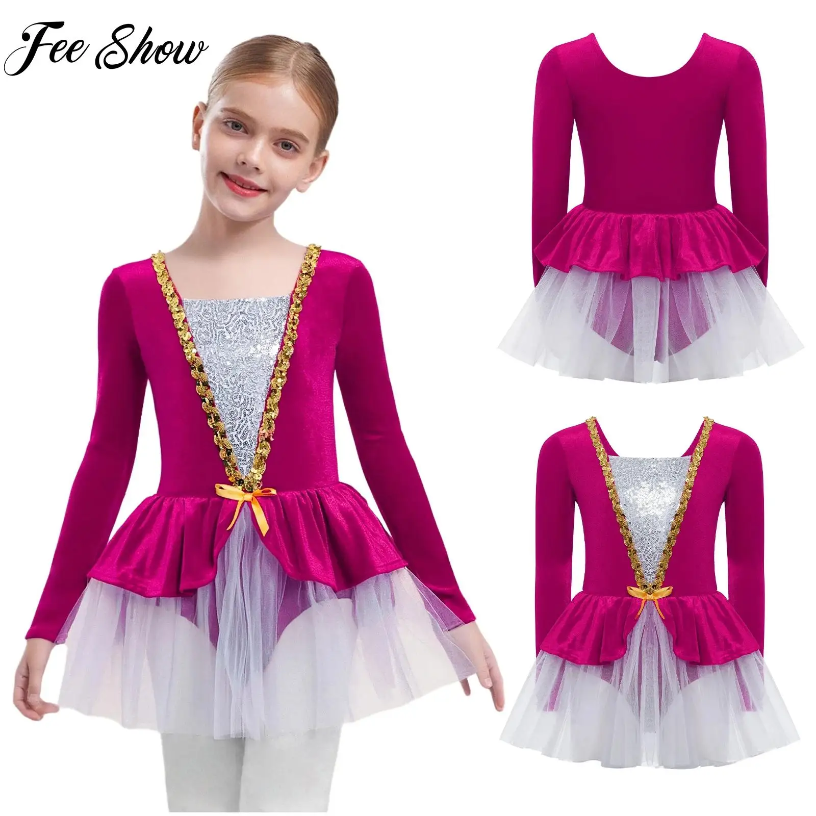 

Kids Girls Ballet Dance Dress Long Sleeves Sequins Velvet Gymnastic Leotard Tutu Princess Dress for Figure Skating Performance