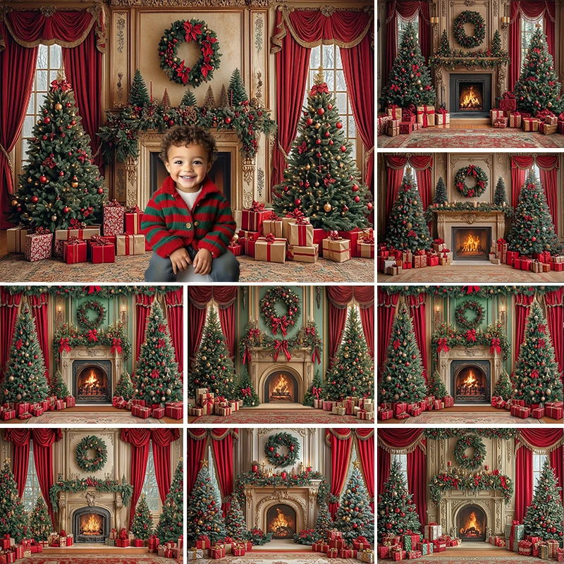 

LS Photography Background Christmas Tree Fireplace Window Decoration Backdrop Family Xmas Holiday Portrait Photo Studio