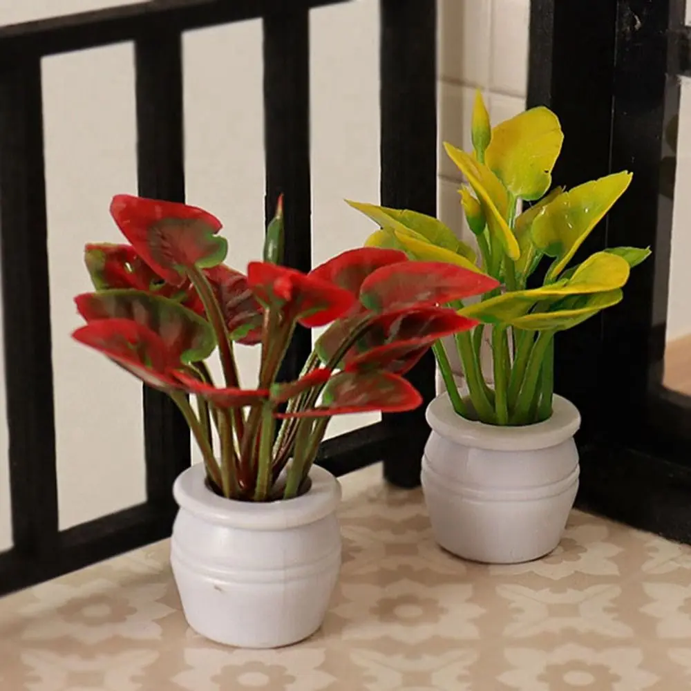 ドールハウス用ミニプラスチック花瓶,ミニチュアアクセサリー,緑のルオ植物,完成した花,屋外,ドールハウスモデル,1:12