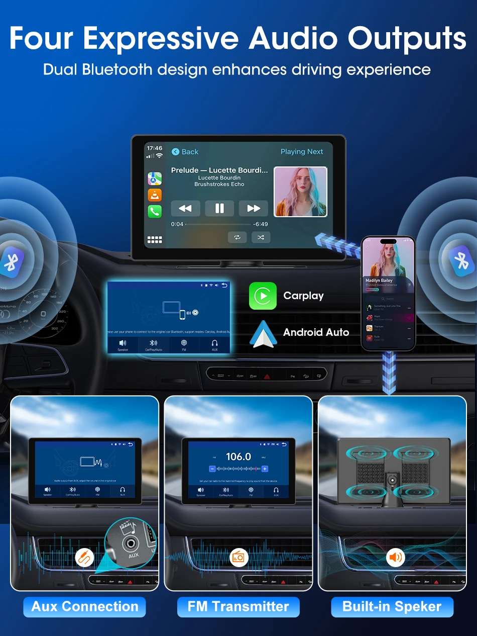 Srnubi 10" Zoll Auto Wireless Carplay & Android Auto Navigation Rück FM AUX WIFI Tragbarer Multimedia-Touchscreen-Monitor – Detail 10