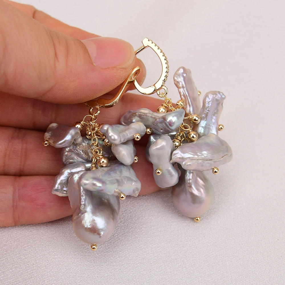 GG مثقف رمادي بيوا كيشي لؤلؤة متدلية أقراط اللؤلؤ الباروك الزركون معبد هوك