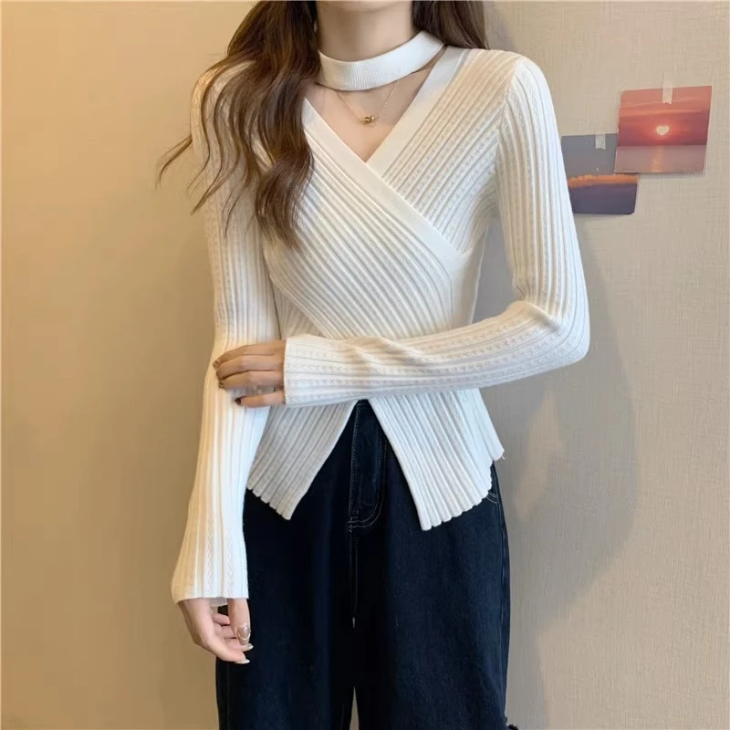 Khaki Asymmetric Knitted Bottoming Tops Woman 2024 Spring Long Sleeve Sexy Hallow Out Halter Sweater Shirt Clothes