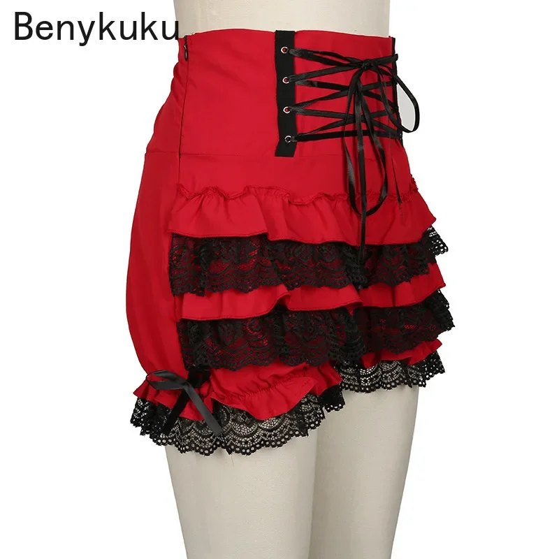 Gaya Lolita Vintage Renda Ruffles Ukuran Renda Wanita Hitam Labu Celana Gothic Punk Gadis Tinggi Pinggang Celana Pendek