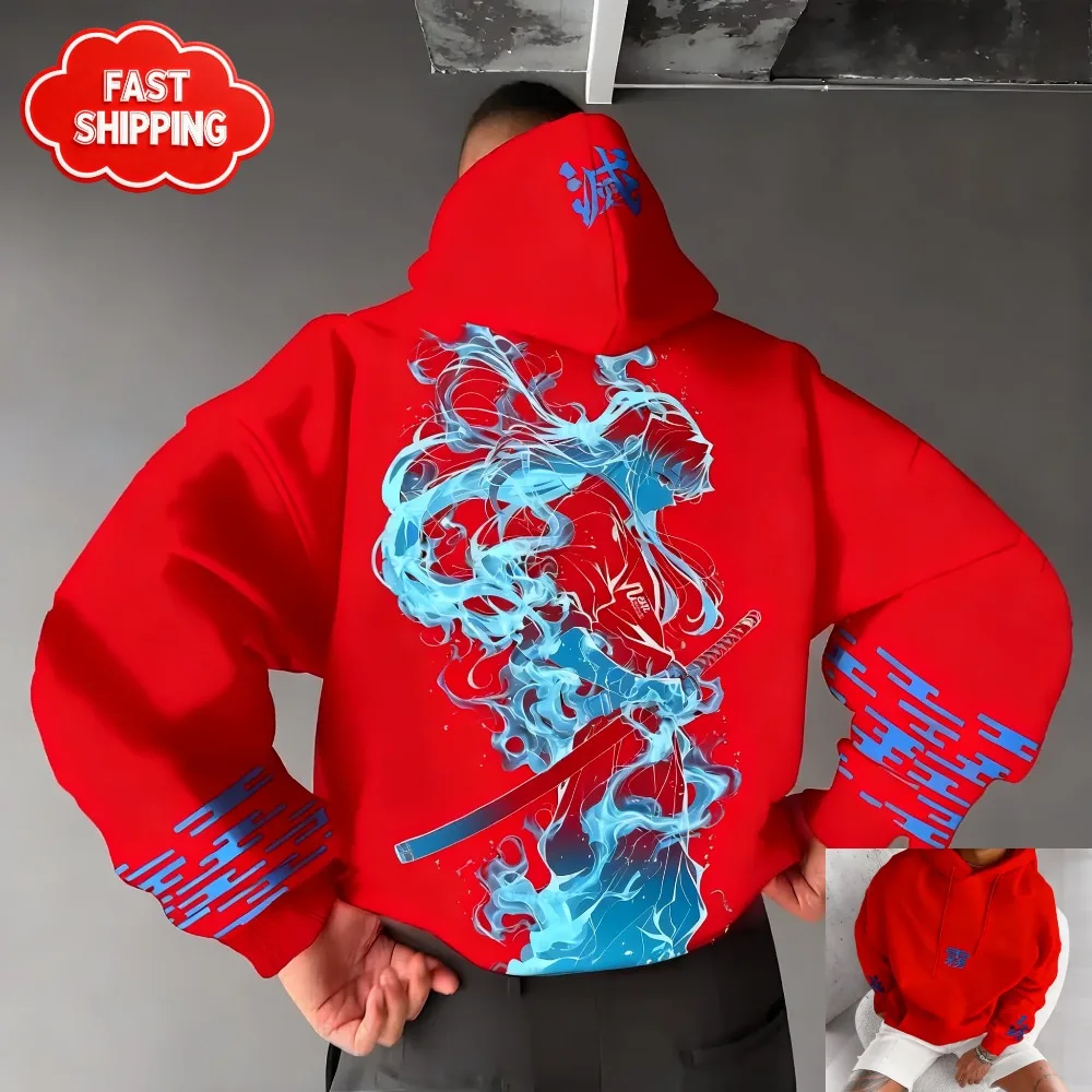 Bluza Kimetsu no Yaiba Demon Slayer Anime Niebieski Wzór Płomienia Męska Damska Bawełniana Oversize Luźny Krój Wygodna Odzież Uliczna Unisex ​