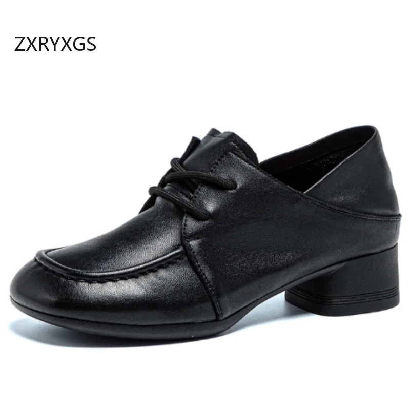 

ZXRYXGS Top Cowhide Lace-up Round Toe Women Full Genuine Leather Shoes 2025 Autumn Retro Style Deep Mouth Comfortable Low Heels