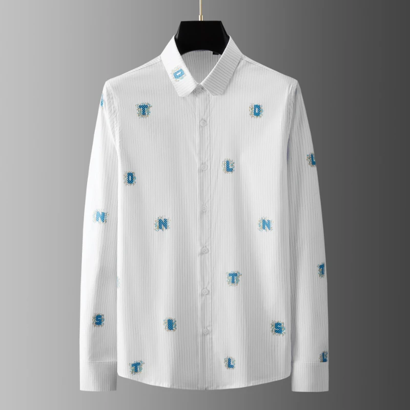 

New Letter Printed Men's Dress Shirts Luxury Cotton Long Sleeve Striped Male Shirts Four Seasons Slim Fit Party Man Shirts