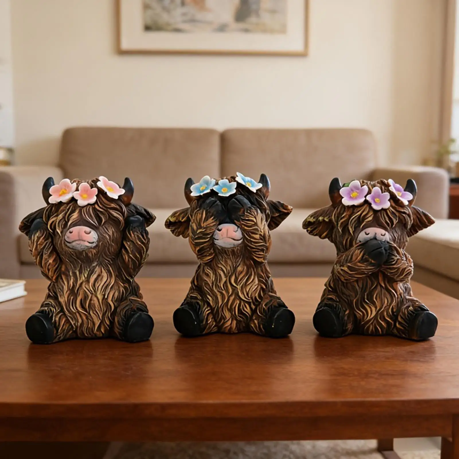 3PCS Highland Cow Resin Statue Ornaments No Look No Listen No Speak Mini Cows Sculpture Table Decoration For Home Office Shelf