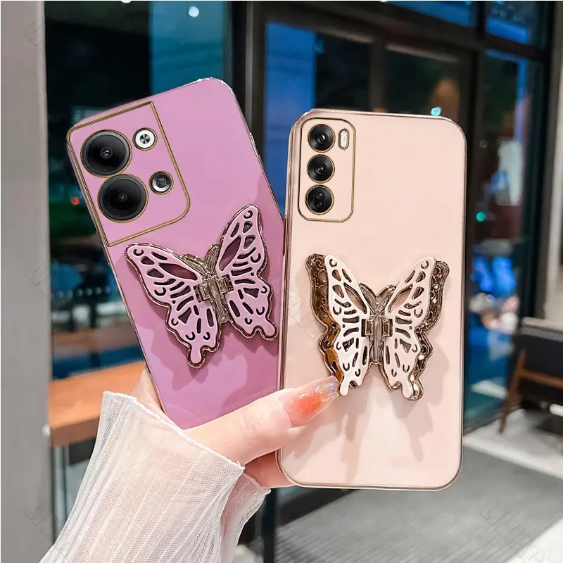 reno 7 9 8 Luxury Butterfly Plating Phone Holder Case For Oppo Reno 7 8 9 Pro Plus 8T 4G 5G 2 Z 2F 3F 5F Lite 6Z 7SE Stand Cover